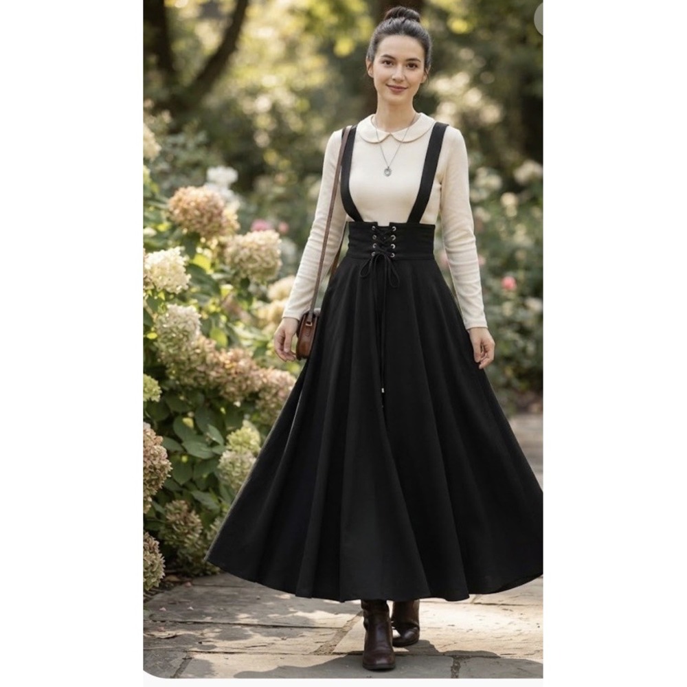Pinafore Solid Black Dress for Women A Line Suspender Skirt NEW Size M